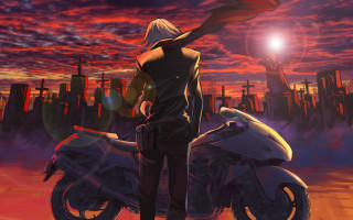 Cityscape motorcycle sunset flag blonde - official art free wallpaper for desktop