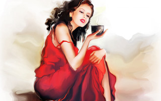 Woman red dress coffee phone - her phone free wallpaper