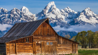 Barn mountain sky clouds trees - free winter wallpaper