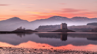 Castle island lake mountains sunset - award free wallpaper