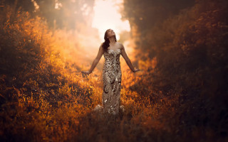 Woman field autumn fire dusk - a woman in a dress free wallpaper for desktop