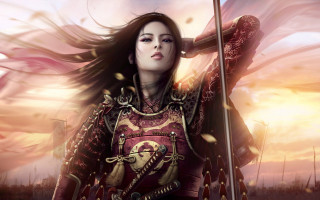 Woman red gold outfit sword - outfit holding free wallpaper