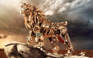 Golden lion statue steampunk sunset - steampunk free wallpaper