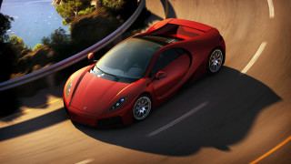 Red sports car lake bridge - winding free wallpaper for desktop