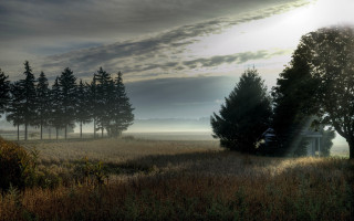 Field trees house cloud sunbeam - free halloween wallpaper