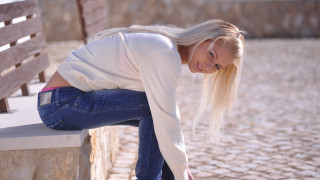 Woman blonde whitehair bench outdoors - free bikini wallpaper