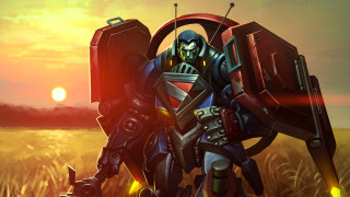 Robot gun field sunset mecha - the sun in the background free wallpaper for desktop