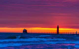 Lighthouse sunset waves redsky beach - a pier free wallpaper for desktop