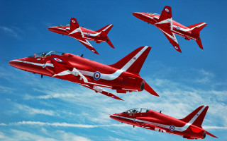 Four red jets flying formation - formation in the sky free wallpaper