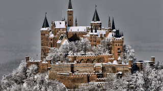 Snowy castle bridge tower trees - a gray sky in the background free wallpaper