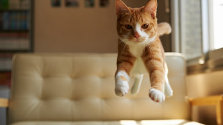 Cat jumping couch livingroom action - a window in the background free wallpaper