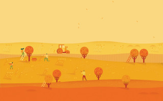 Farm scene tractor people trees - illustration free wallpaper