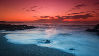 Sunset ocean waves rocks shore 2 - the shore free wallpaper