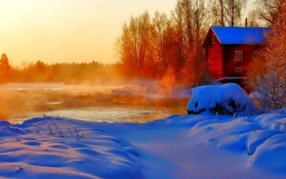 Red cabin snowy river hot - hot free wallpaper
