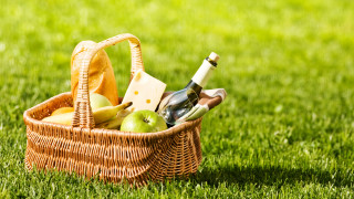 Food basket wine green lawn - a green lawn free wallpaper