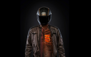 Man motorcycle helmet leather jacket - orange light free wallpaper