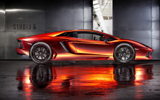 Red sports car garage reflection - photorealism free wallpaper for desktop