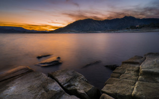 Sunset lake rocks mountains clouds - the foreground and mountains free wallpaper
