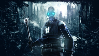 Futuristic cityscape man gas mask - a man in a gas mask holding free wallpaper