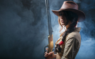 Woman cowboyhat gun smoking portrait - smoke and smoke free wallpaper