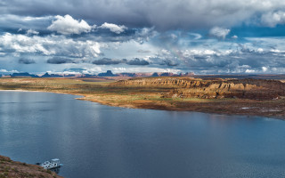 Lake mountains boat cloudy sky - christo free wallpaper