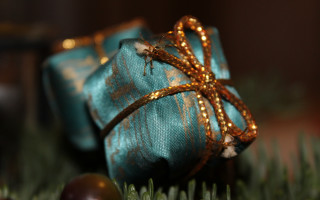 Blue present green branch bow - present free wallpaper for desktop