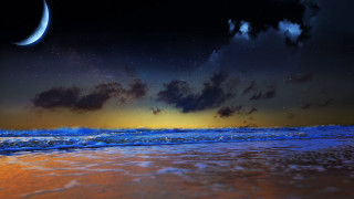 Beach waves crescent moon night - a view of a beach free wallpaper for desktop