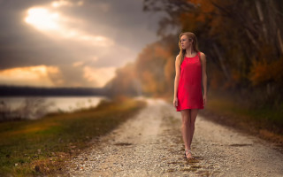 Woman red dress lake tilt - a cloudy sky free wallpaper for desktop