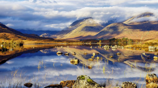 Lake mountains rocks birds clouds - david paton free wallpaper