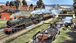 Train river bridge horses carriages 2 - an oil painting free wallpaper