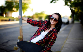 Woman skateboard city street trees 2 - a skateboard free wallpaper