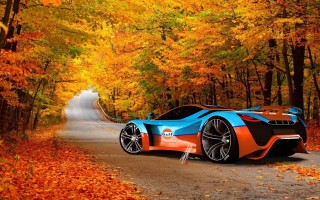Blue orange sportscar autumn leaves - the ground and trees free wallpaper
