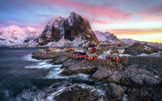 Village rocky shore mountains sunset - a small village free wallpaper for desktop