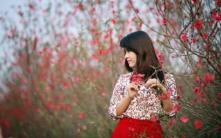Woman red skirt flower field - a red skirt free wallpaper for desktop
