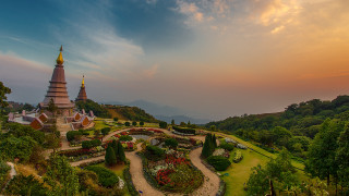 Sunset building garden mountain landscape - a garden in front free wallpaper