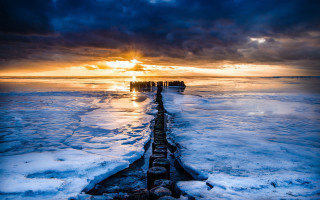 Ice pier sunset ocean clouds - a pier free wallpaper