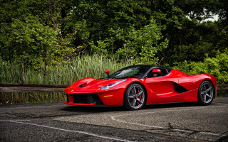 Red sports car forest road - spectacular free wallpaper
