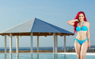 Woman blue bikini pool gazebo - a blue bikini free wallpaper