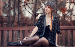 Gothic woman bench hat stockings - her foot free wallpaper