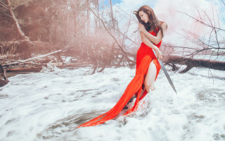 Woman red dress sword river - the background and a sky free wallpaper