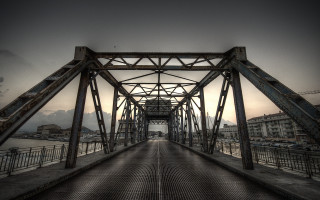 Metal frame bridge walkway cityscape - hdr free wallpaper