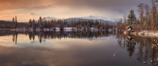 Lake mountains trees cloudy sky 50 - a few snow free wallpaper