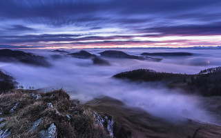 Mountain fog sunset purple sky - mist free wallpaper