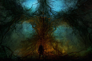 Man forest giant tree standing - eldritch free wallpaper