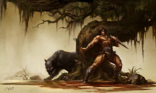 Man sword boar cave moss - frazetta free wallpaper
