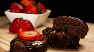 Chocolate cake bite strawberries wooden 3 - a chocolate cake free wallpaper for desktop