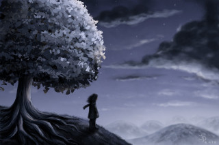 Person standing tree sky background - storybook illustration free wallpaper for desktop