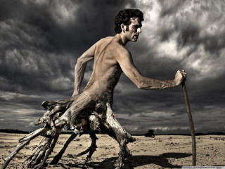 Man stick tree stump desert - surreal photography free wallpaper for desktop