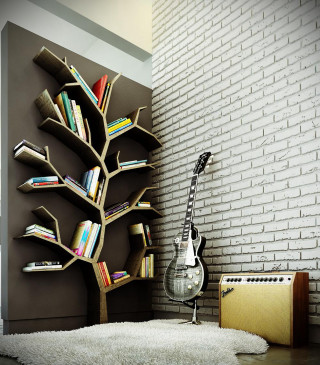Guitar book shelf brick wall - environment free wallpaper