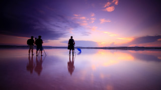 Beach sunset surfboard purple sky - three person free wallpaper